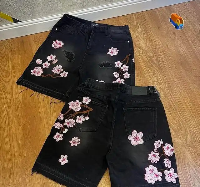 Gothic Mens And Womens Cherry Denim Shorts  Hip Hop Retro Casual Pants
