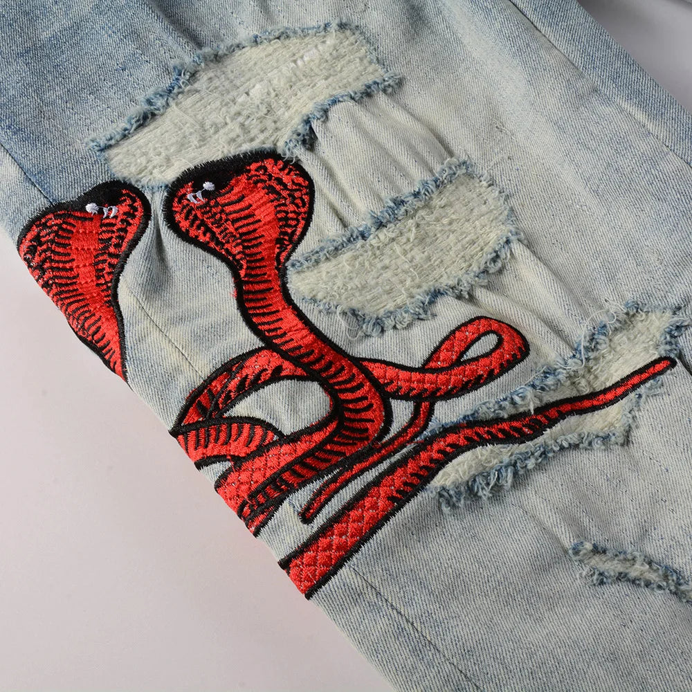Men Amiri Red Snake  Denim Jeans Streetwear