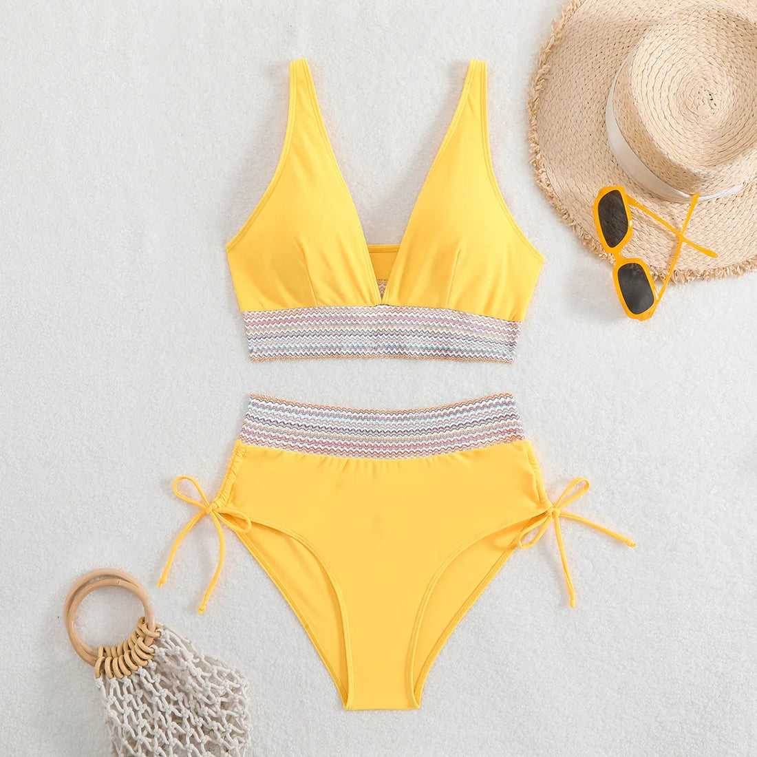 2025 Solid Color Drawstring Bikini Set Fashion High Waist Separate Patchwork Swimwear Drawstring Women