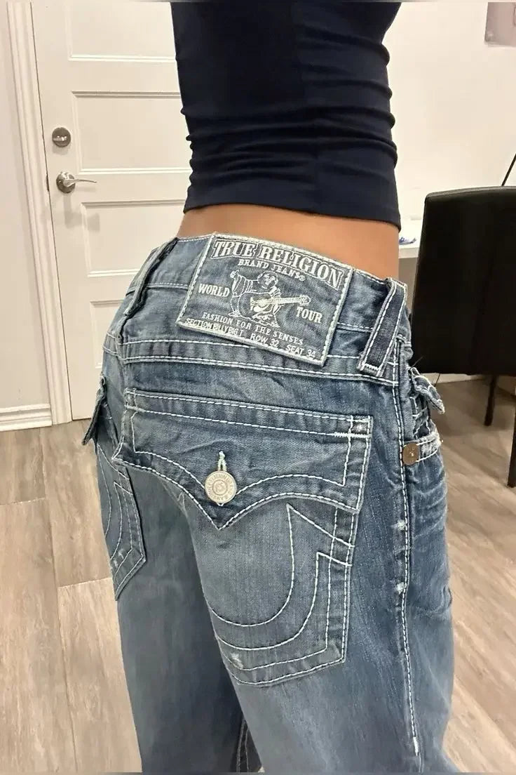 True Religion Men and Women Streetwear Pants Hip Hop Casual High Waisted Denim Trousers