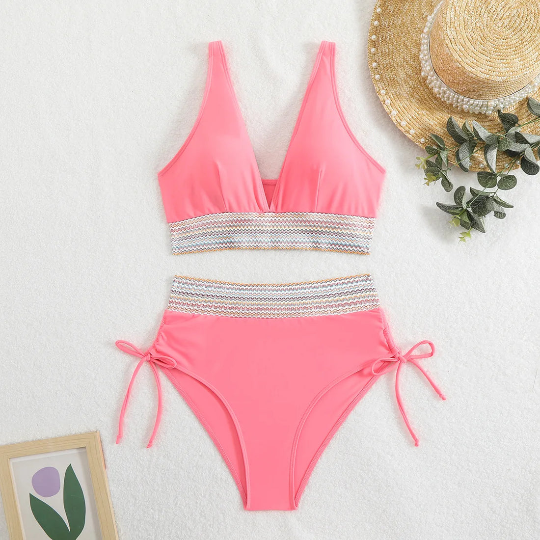 2025 Solid Color Drawstring Bikini Set Fashion High Waist Separate Patchwork Swimwear Drawstring Women