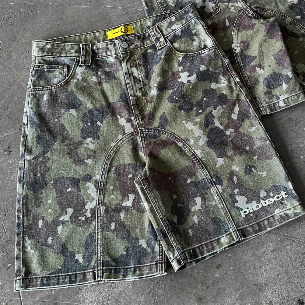 Retro Leaves Camouflage Denim Short Jeans Men Hip Hop