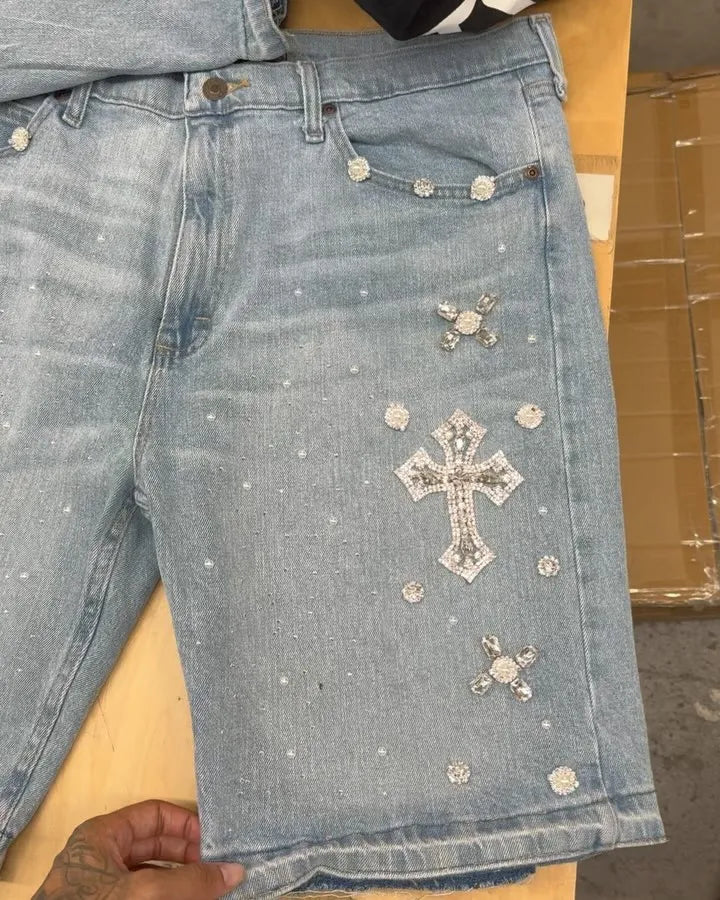 Diamond Denim Shorts American Retro Streetwear Hip Hop Men