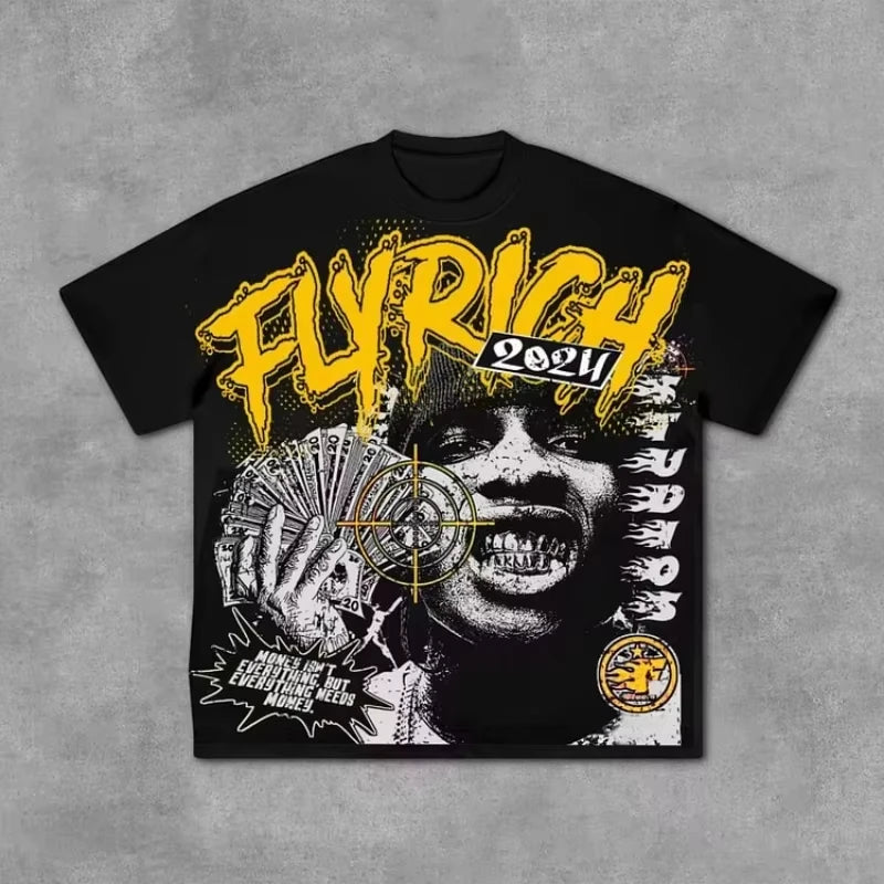 Fly Rich Abstract Human Face Oversize Tshirt Streetwear Men And Women Tops