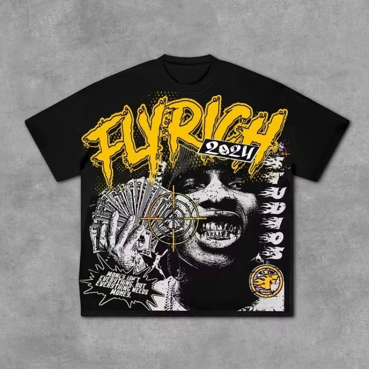 Fly Rich Abstract Human Face Oversize Tshirt Streetwear Men And Women Tops