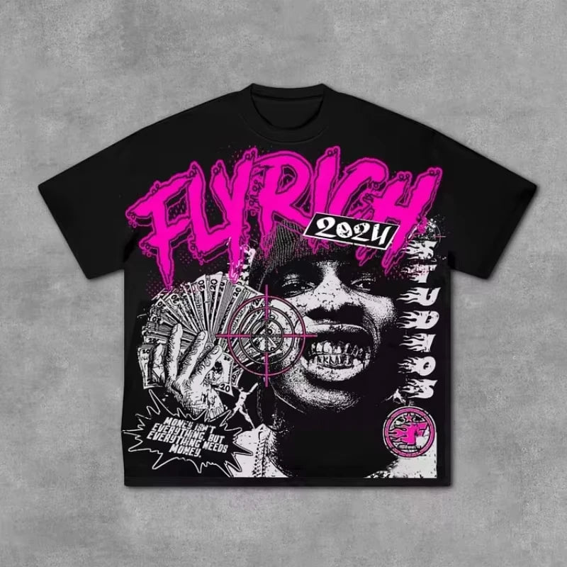Fly Rich Abstract Human Face Oversize Tshirt Streetwear Men And Women Tops