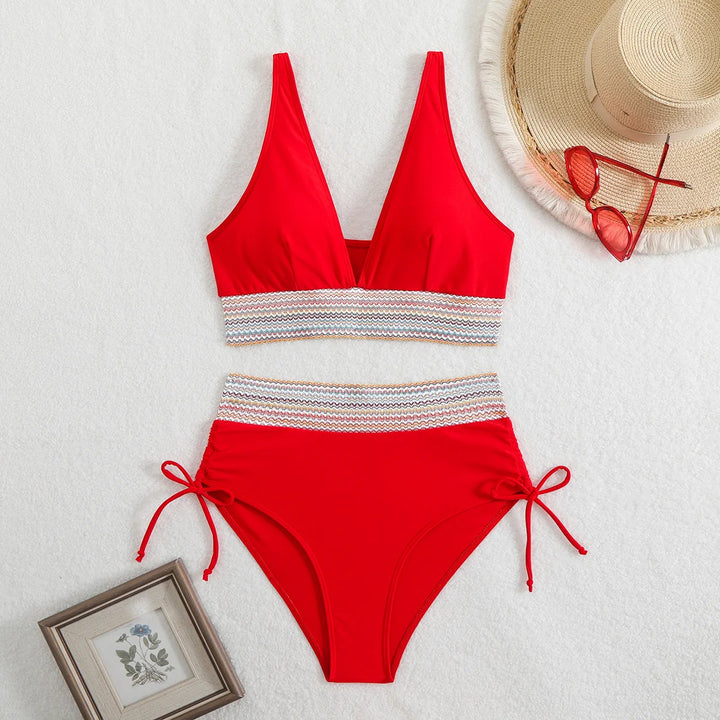 2025 Solid Color Drawstring Bikini Set Fashion High Waist Separate Patchwork Swimwear Drawstring Women