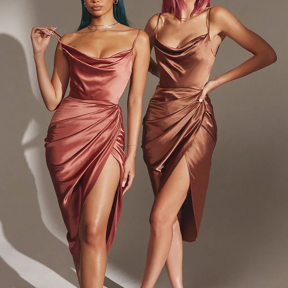 New Asia Ruched Satin Summer Neck Backless Long Dresses Party Sexy