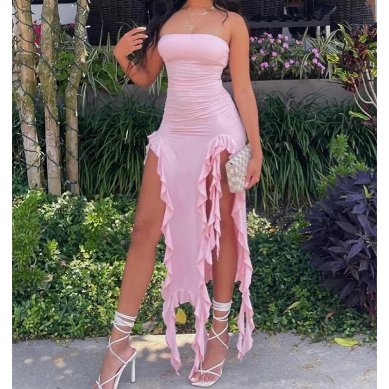 Women Strapless Sexy Floral Fold Hemline High Slit Mini Dress 2025