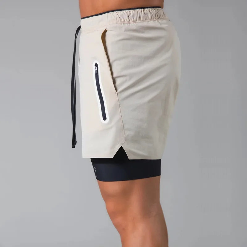 Double-deck fitness sports shorts Men summer 2 IN 1 training Gyms