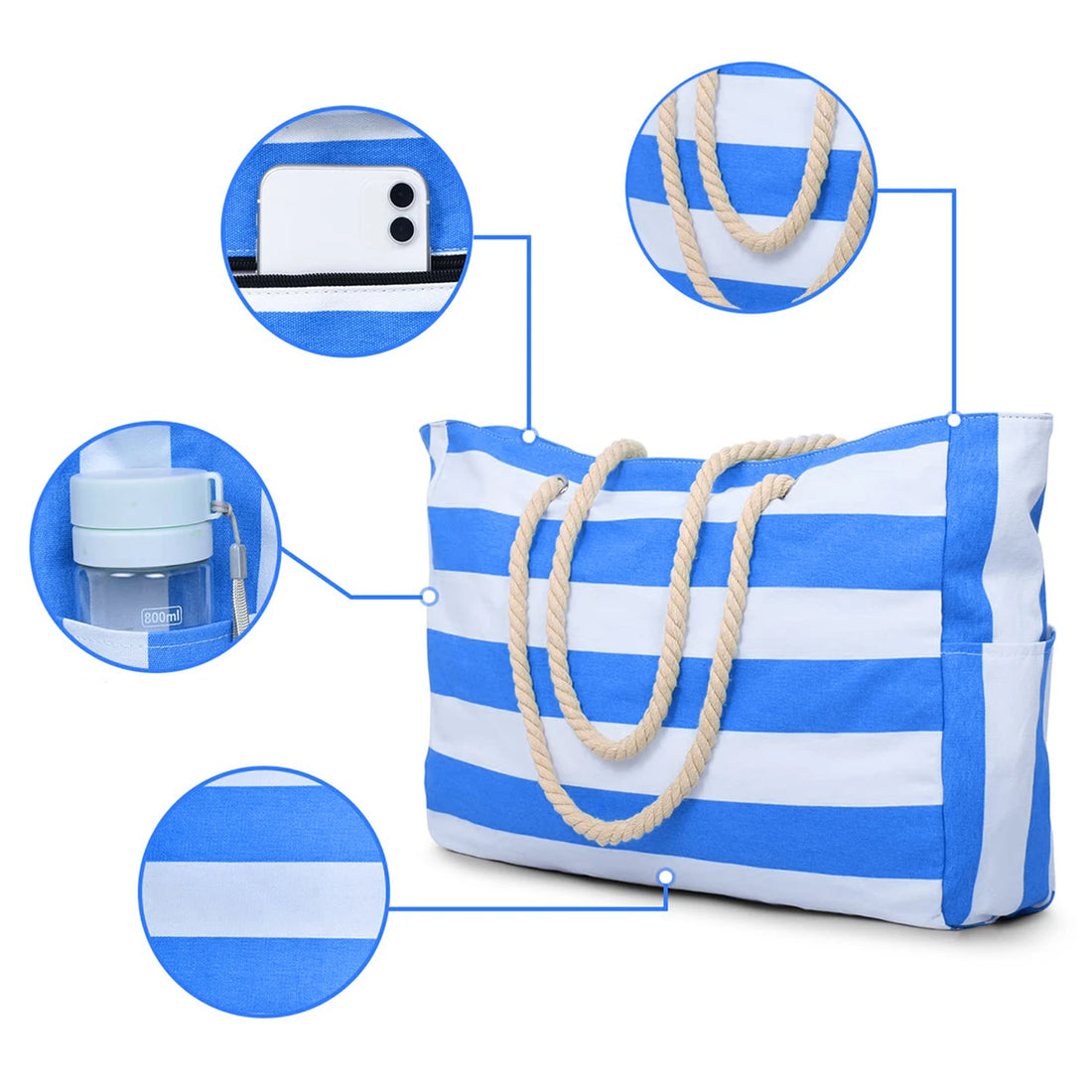 Striped zipper outer bag for outdoor travel and vacation waterproof resistant canvas