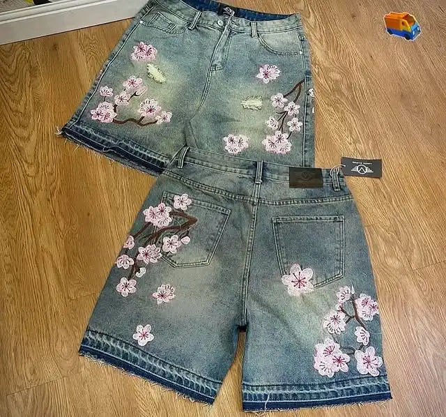 Gothic Mens And Womens Cherry Denim Shorts  Hip Hop Retro Casual Pants
