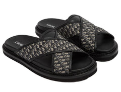 Dior Mens Aqua Sandal Beige Black Blue Oblique Jacquard Logo Slide Slip On